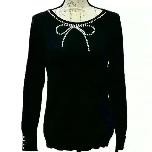 Elle Black Long Sleeve Sweater Sz S Pearl Bow Detail Pullover - Picture 2 of 13
